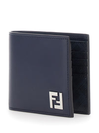 Fendi Men Blue Bi-Fold Wallet With Ff Plate On The Front In Leather For Men