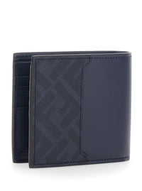 Fendi Men Blue Bi-Fold Wallet With Ff Plate On The Front In Leather For Men