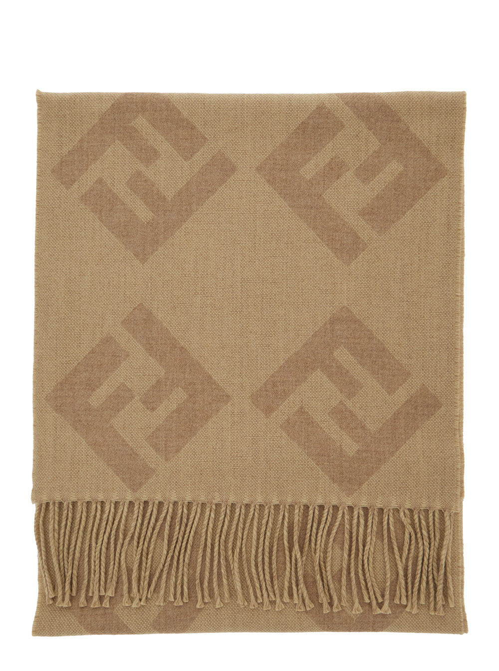 Fendi Men Beige Scarf With Fringed Hem And All-Over Ff Motif In Wool For Men