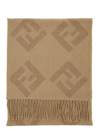 Fendi Men Beige Scarf With Fringed Hem And All-Over Ff Motif In Wool For Men
