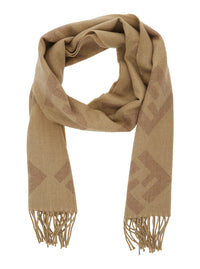 Fendi Men Beige Scarf With Fringed Hem And All-Over Ff Motif In Wool For Men