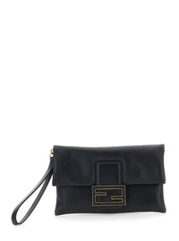 Fendi Women Black Pouch With Wrist Strap And Ff Plate Closure On The Front In Leather Woman