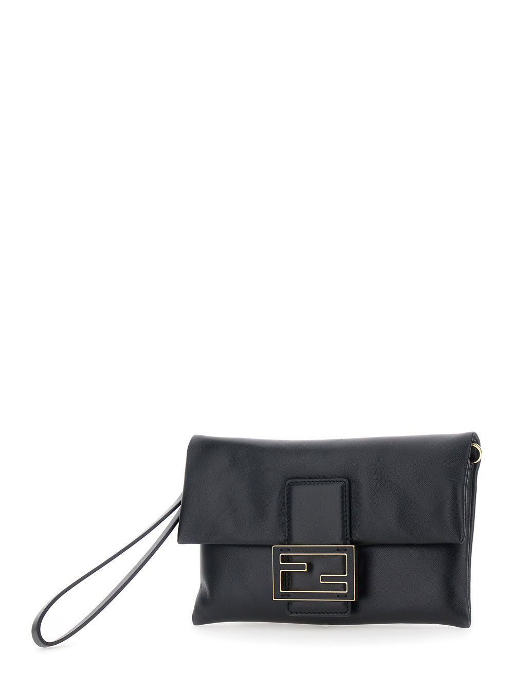 Fendi Women Black Pouch With Wrist Strap And Ff Plate Closure On The Front In Leather Woman