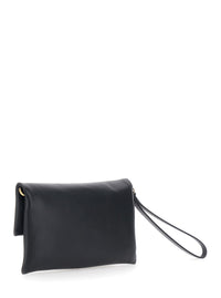 Fendi Women Black Pouch With Wrist Strap And Ff Plate Closure On The Front In Leather Woman