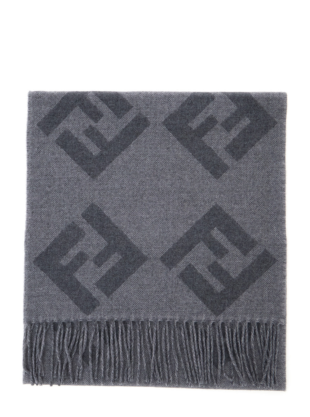 Fendi Men Grey Fringed Edge Scarf With All-Over Ff Logo In Wool Men