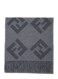 Fendi Men Grey Fringed Edge Scarf With All-Over Ff Logo In Wool Men