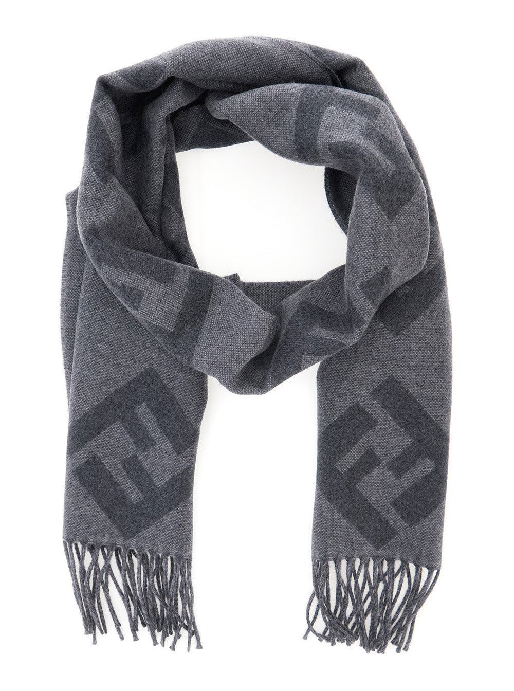Fendi Men Grey Fringed Edge Scarf With All-Over Ff Logo In Wool Men