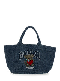 Ganni Women 'Trapeze Medium' Blue Shopper With Logo Lettering And Print On The Front In Cotton Women