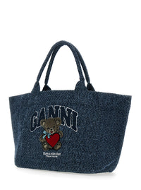 Ganni Women 'Trapeze Medium' Blue Shopper With Logo Lettering And Print On The Front In Cotton Women