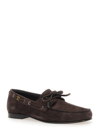 Valentino Garavani Men Brown Loafers With Rounded Toe And Laces With Bow On The Front In Suede Man