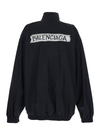 Balenciaga Men Black Jacket With High Collar And Logo On Front And Back In Cotton Blend For Men