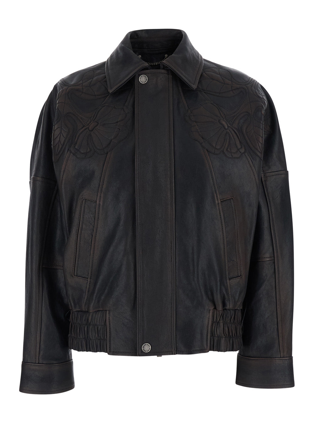 Golden Goose Women 'Journey' Brown Jacket With Classic Collar And All-Over Floral Embroidery In Leather For Women