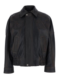 Golden Goose Women 'Journey' Brown Jacket With Classic Collar And All-Over Floral Embroidery In Leather For Women