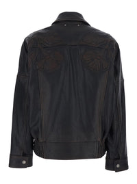 Golden Goose Women 'Journey' Brown Jacket With Classic Collar And All-Over Floral Embroidery In Leather For Women