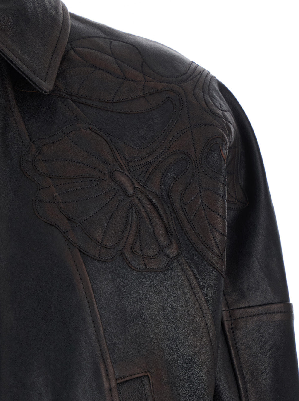 Golden Goose Women 'Journey' Brown Jacket With Classic Collar And All-Over Floral Embroidery In Leather For Women