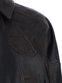 Golden Goose Women 'Journey' Brown Jacket With Classic Collar And All-Over Floral Embroidery In Leather For Women