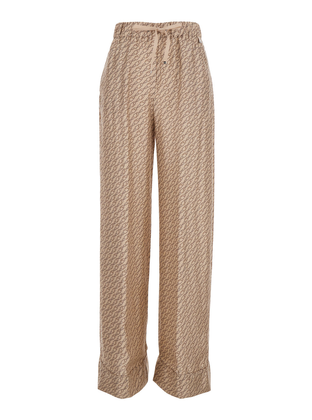 Herno Women Beige Silk Pants With Elastic Drawstring Waist And All-Over Print Woman