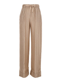 Herno Women Beige Silk Pants With Elastic Drawstring Waist And All-Over Print Woman