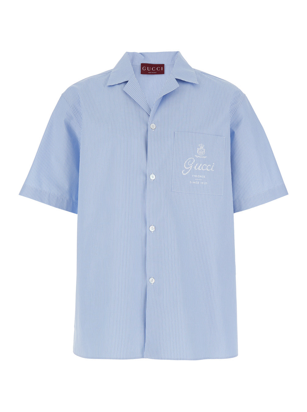 Gucci Men Light Blue Bowling Shirt With Logo Embroidery On The Front And All-Over Stripe Motif In For Men