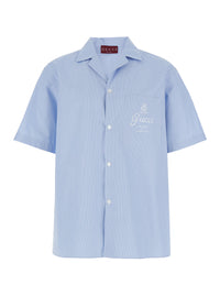 Gucci Men Light Blue Bowling Shirt With Logo Embroidery On The Front And All-Over Stripe Motif In For Men