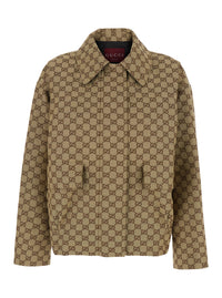 Gucci Women Brown Jacket With Classic Collar And All-Over Gg Motif In Cotton For Women