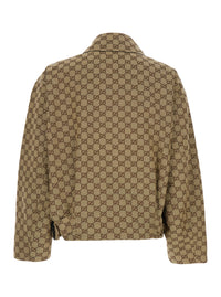 Gucci Women Brown Jacket With Classic Collar And All-Over Gg Motif In Cotton For Women