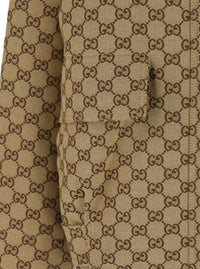 Gucci Women Brown Jacket With Classic Collar And All-Over Gg Motif In Cotton For Women
