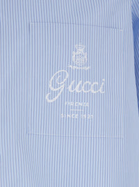 Gucci Men Light Blue Bowling Shirt With Logo Embroidery On The Front And All-Over Stripe Motif In For Men