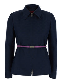 Gucci Women Blue Jacket With Classic Collar And Removable Belt With Gg Logo Plate For Women
