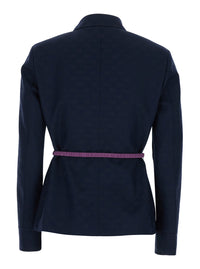 Gucci Women Blue Jacket With Classic Collar And Removable Belt With Gg Logo Plate For Women