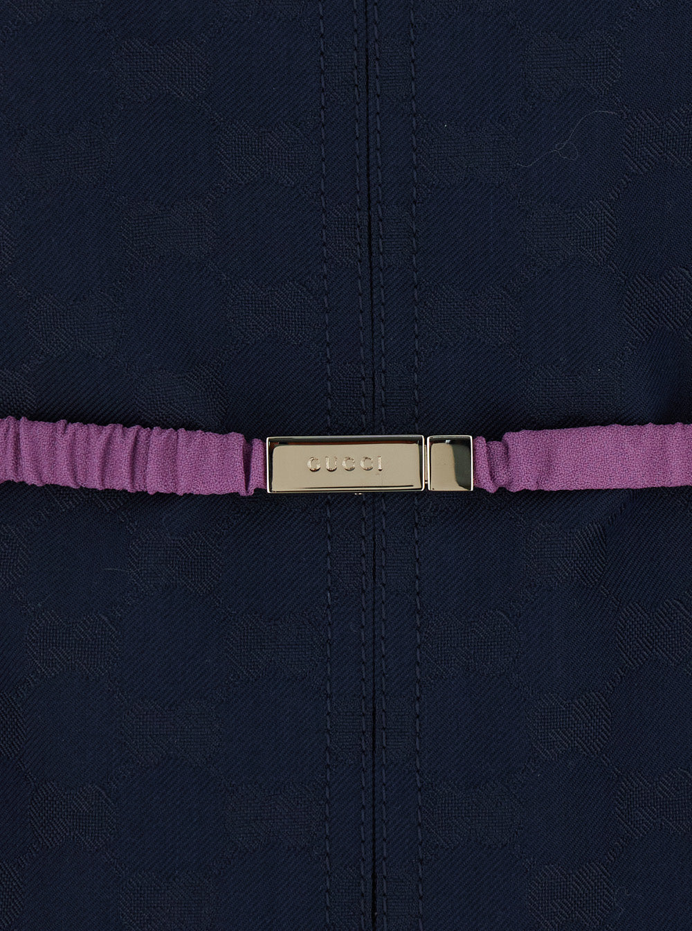 Gucci Women Blue Jacket With Classic Collar And Removable Belt With Gg Logo Plate For Women