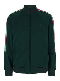 Gucci Women Green High Neck Sweatshirt With Gg Embroidery On The Front And Web Motif On The Sleeves In Tech Fabric For Women