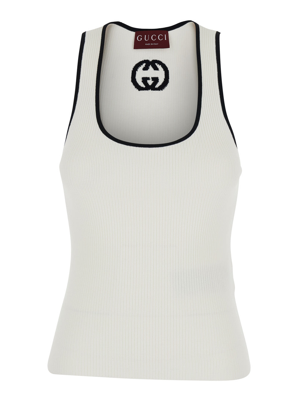 Gucci Women White Sleeveless Top With Gg Embroidery On The Rear And Ribbed Knit In Viscose Blend Woman
