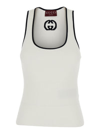 Gucci Women White Sleeveless Top With Gg Embroidery On The Rear And Ribbed Knit In Viscose Blend Woman