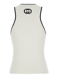 Gucci Women White Sleeveless Top With Gg Embroidery On The Rear And Ribbed Knit In Viscose Blend Woman
