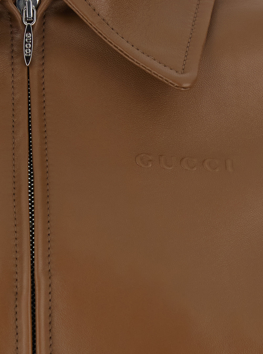 GUCCI Gucci Women Brown Leather Crop Jacket With Classic Collar And Tone-On-Tone Lettering Logo On The Front For Women