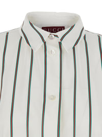 Gucci Women White Shirt With Classic Collar And All-Over Web Motif In Jacquard Silk For Women