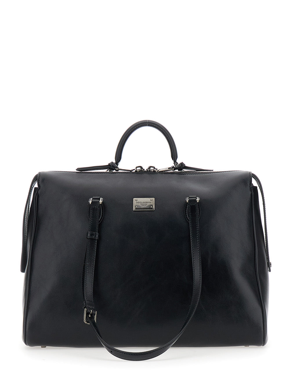 Dolce & Gabbana Men Black Shoulder Bag 'Vittoria' With Logo Plate On The Front And Two Leather Straps For Men