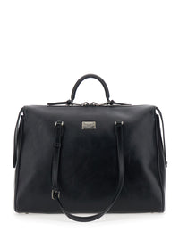 Dolce & Gabbana Men Black Shoulder Bag 'Vittoria' With Logo Plate On The Front And Two Leather Straps For Men
