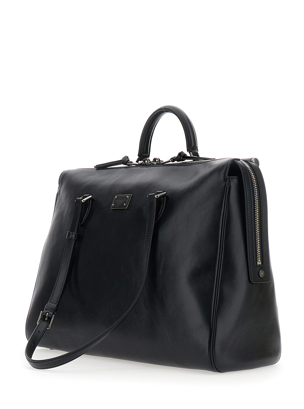 Dolce & Gabbana Men Black Shoulder Bag 'Vittoria' With Logo Plate On The Front And Two Leather Straps For Men