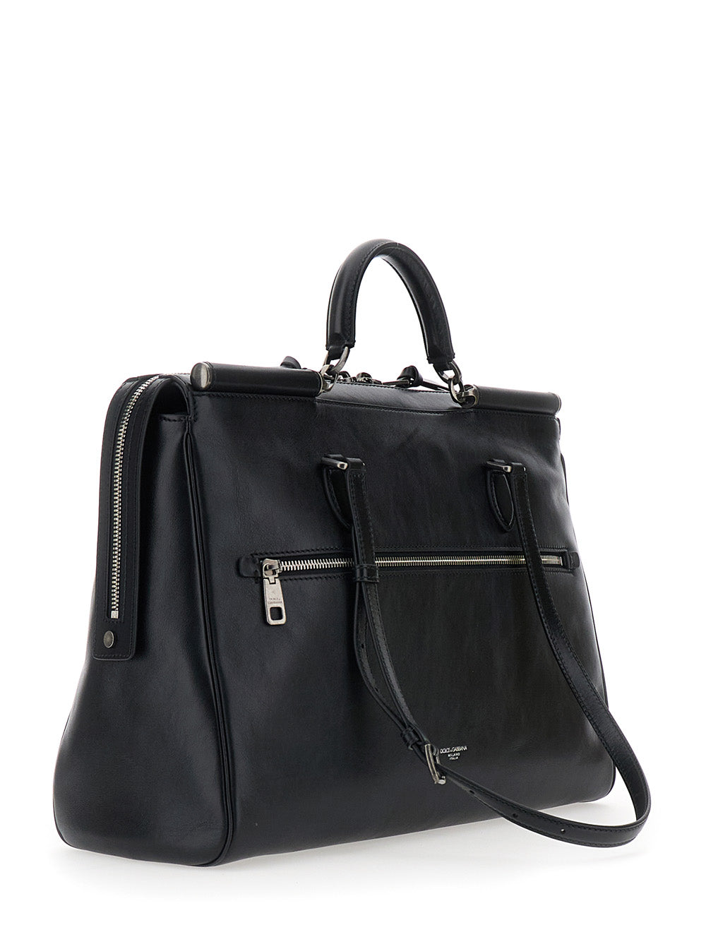 Dolce & Gabbana Men Black Shoulder Bag 'Vittoria' With Logo Plate On The Front And Two Leather Straps For Men