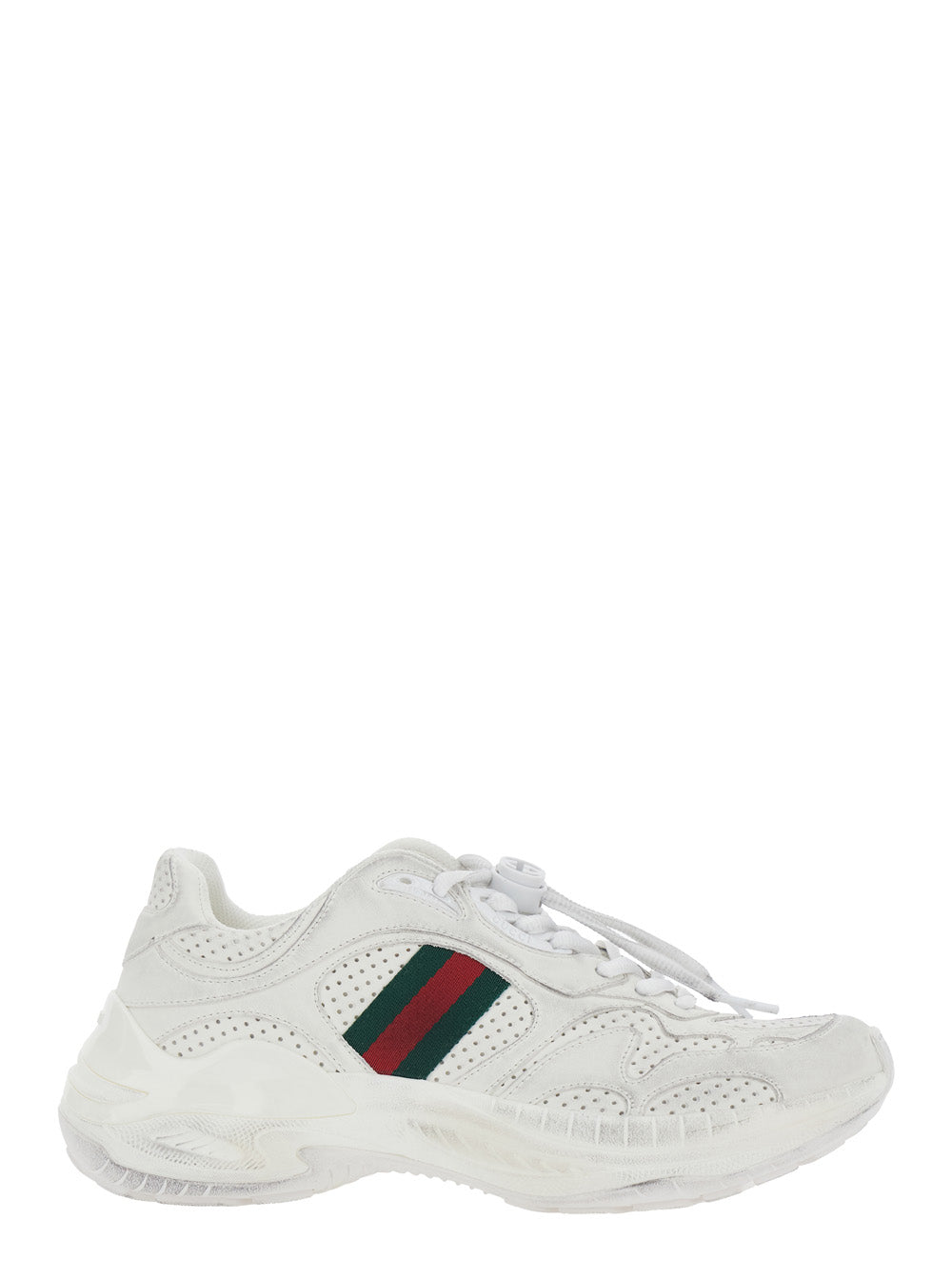 Gucci Women White Low Top Sneaker With Perforated Design And Web Detail On The Side In Leather For Women