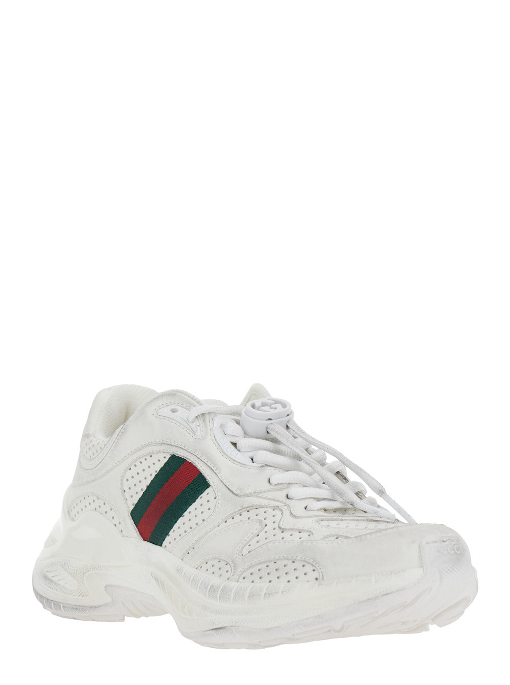 Gucci Women White Low Top Sneaker With Perforated Design And Web Detail On The Side In Leather For Women