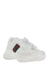 Gucci Women White Low Top Sneaker With Perforated Design And Web Detail On The Side In Leather For Women
