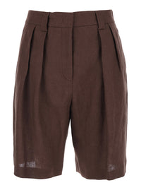 Leplain Women Brown Linen Front Pleated Shorts For Women