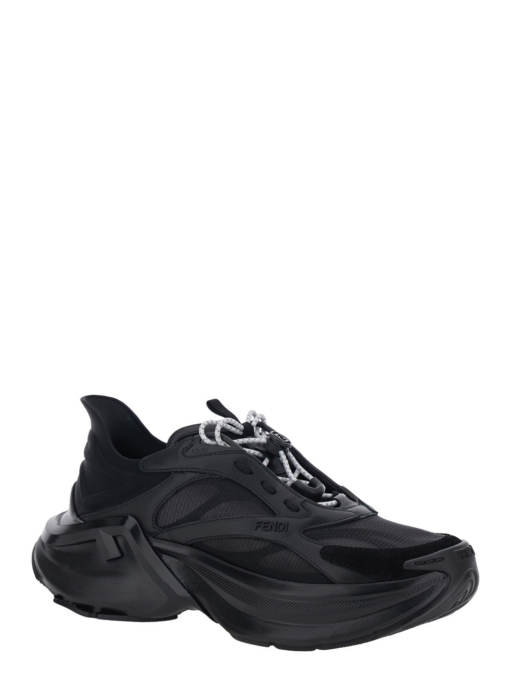 Fendi Women Black Sneaker 'F-Light' Low Top With Ff Motif On The Side And Chunky Sole In Mesh And Leather For Women