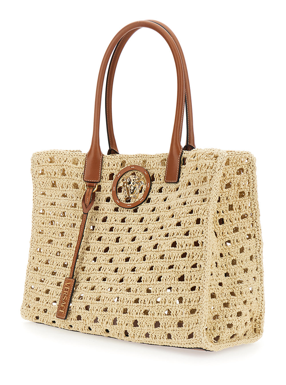 Versace Women 'La Medusa' Beige Tote Bag With Medusa Logo Plate And Removable Logo Pendant In Raffia For Women