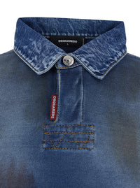 Dsquared2 Men Blue Sweatshirt With Polo-Shirt Style Collar And Faded Effect In Cotton For Men