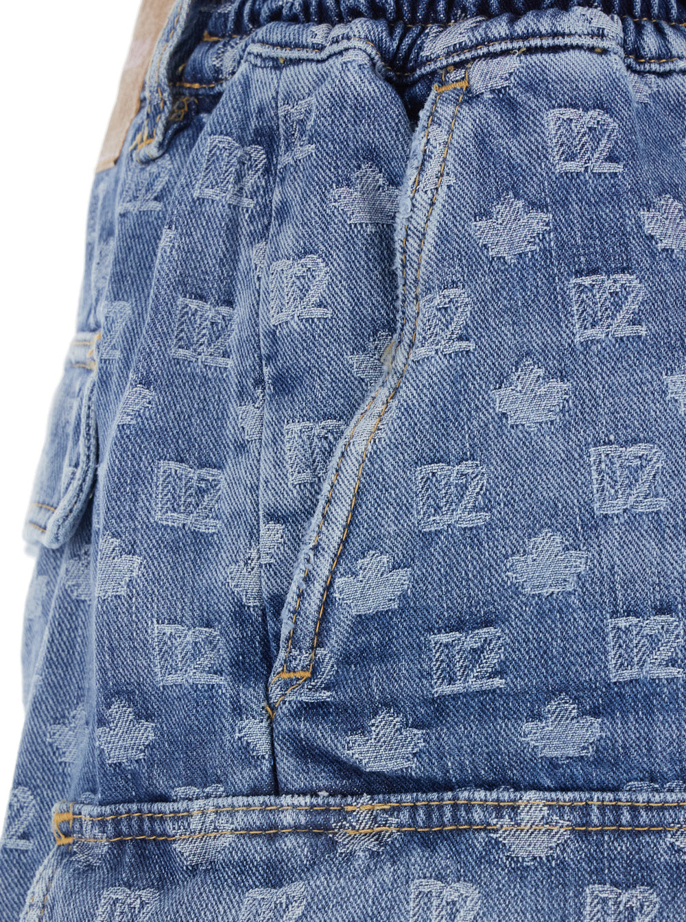 Dsquared2 Men Blue Five-Pocket Bermuda Shorts With All-Over Monogram Logo And Two Cargo Pockets In Denim Man