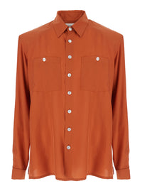 Saint Laurent Men Orange Silk Classic Collar Shirt For Men